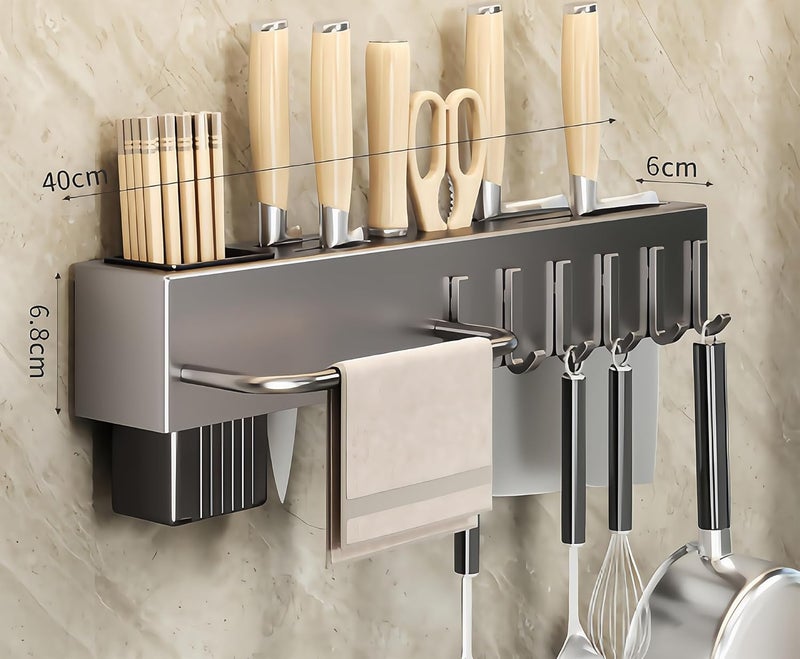 セイド(Seido) Carbon Steel Utensil Rack – Space-Saving 16" L Kitchen Organizer with hooks & hanging bar, Gunmetal Gray Knife Holder, 2 Installation Options (Adhesive/Screwed) - Image 2